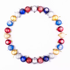 New Year, Christmas Wreath of Colorful Balls. Top View .