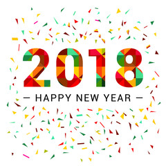 Happy New Year 2018 polygonal triangular design with confetti on white background in vector