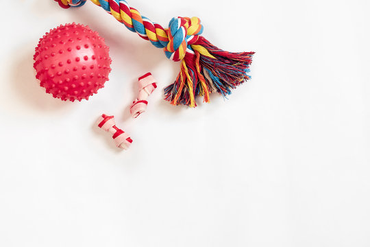 Dog toys set: colorful cotton dog toy and pink ball on a white background