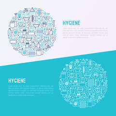 Hygiene concept in circle with thin line icons: hand soap, shower, bathtub, toothpaste, razor, shaving brush, sanitary napkin, comb, ball deodorant, mouth rinse. Vector illustration.