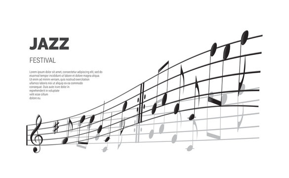 Jazz festival poster or banner template. Vector Jazz festival text on stave background.