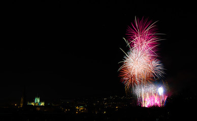 Fireworks over Bath, with Abbey. A composite image of fireworks being let off to celebrate bonfire night in Bath, England, UK
