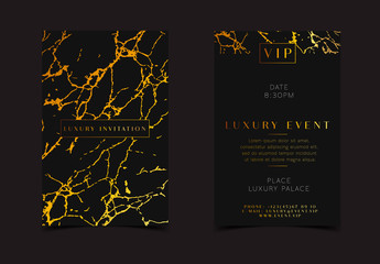 Black Gold Luxury Invitation for VIP event. Elegant Greeting Card with Royal Marble golden texture. Template Good for Foil stampin