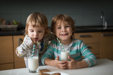 A little cute boy and his little sister  drink milk and eating cookies in kitchen. 