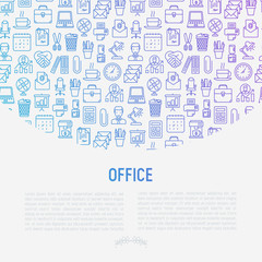 Office concept with thin line icons of manager, coffee machine, chair, career growth, e-mail, folders, water cooler, lamp. Vector illustration for banner, web page, print media.