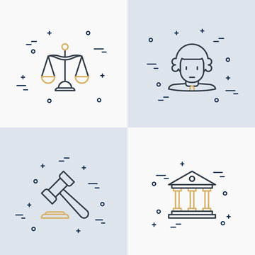 Law and justice thin line icons set: judge, scales, hammer, court. Vector illustration.