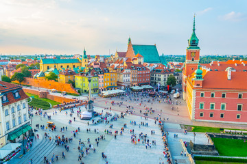 Aerial view of the castle square in front of the royal castle and sigismund´s column in Warsaw, Poland.