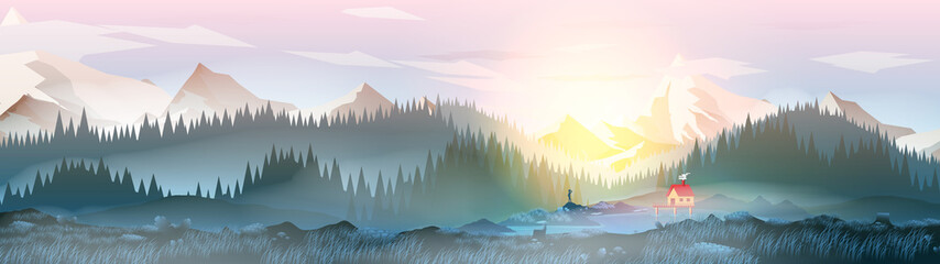 Summer Camp House with Mountain Lake Panorama - Vector Illustration