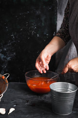 Gazpacho cold soup preparation process hand