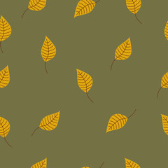 Seamless pattern of hand drawing falling Autumn leaves isolated on green olive and yellow background tone, repeating pattern natural concept.