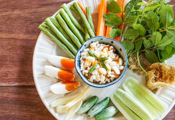 delicious thai salted egg chili dip spicy paste with vegetables