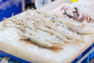 fresh squid on ice sale at stall in the Mahachai Street market large sea port of seafood market in Thailand