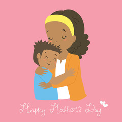 happy mother's day. African American mother and son hugging, cartoon vector.