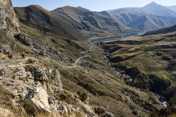 Azerbaijan, Greater Caucasus, near Khinalug ( Xinaliq ) - Panoramic view with gorge, bending road,...