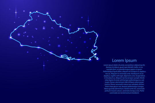 Map El Salvador from the contours network blue, luminous space stars for banner, poster, greeting card, of vector illustration