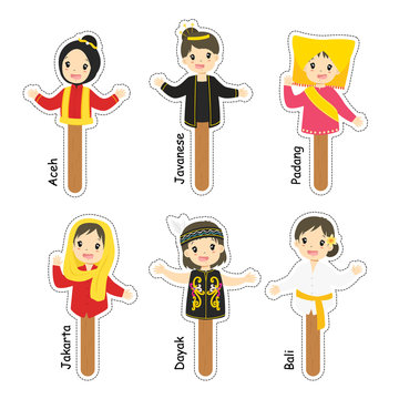 Indonesian female puppet character. cartoon vector, puppet character for story telling.