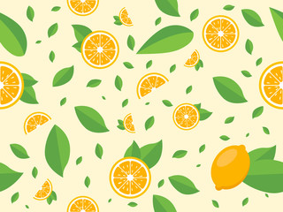 Seamless pattern with oranges and leaves. Vector texture illustration