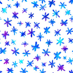 Watercolor Seamless pattern with hand drawn snowflakes. Abstract brush strokes. Ink illustration. Isolated on white background. . New year and Christmas fabric design. Holiday print. Blue color