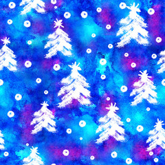 Fototapeta na wymiar Watercolor Seamless pattern with hand drawn snowflakes and christmas tree . Abstract brush strokes. Ink illustration. White on blue background. . New year and Christmas fabric design. Holiday print