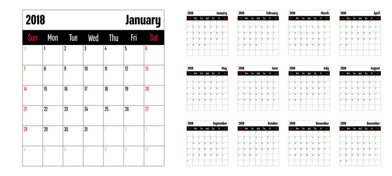 2018 Calendar Planner Memo Vector Illustration Simple Clear Week Start from Sunday