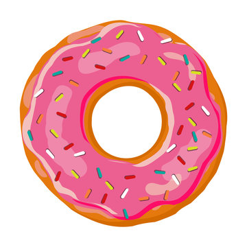 Donut with pink glaze isolated on white . Vector