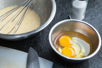 egg in metallic bowl for cooking