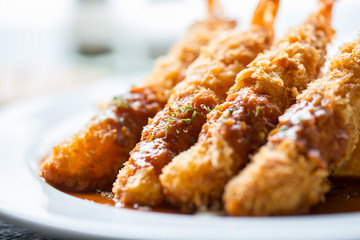 Fried prawn ball or Tempura Shrimps close up with dipping sauce