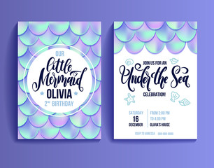 Birthday party invitation card for little girl mermaid. Holographic fish scales and lettering invitation. Sea party invitation. Vector illustration