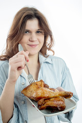 woman eats fried chicken