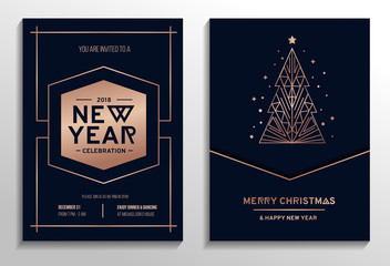 New year party rose gold invitation. Geometric christmas design with rose gold tree. New year greeting card. Vector illustration