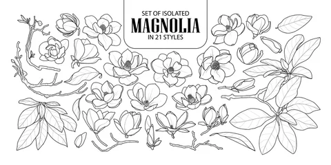 Foto op Canvas Verzameling van geïsoleerde magnolia in 21 stijlen. Schattig hand getrokken bloem vectorillustratie in zwarte omtrek en wit vlak. © Plawarn