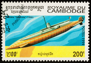 Old French submarine Gimnote (1886) on postage stamp