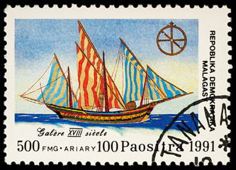 Old sailing ship galley on postage stamp