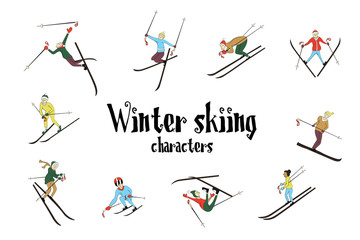 Winter ski sport activity. Skiing people isolated on a white background