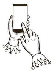 Hand holding smart phone with tap finger on the screen. E-commerce design concept. Using mobile smart phone similar to iPhone for online purchasing. Eps 10 vector