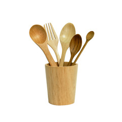 Spoon and fork wood in cup wood isolated or kitchen tool