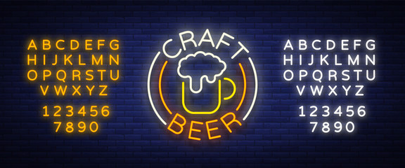 Craft beer logo, label, emblem vector illustration, design emblem in neon style. Neon logo, sign, bright signboard, glowing banner. Editing text neon sign. Neon alphabet