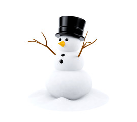 Snowman isolated on white background, 3D rendering