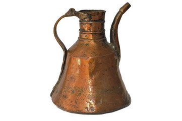 Antique pitcher water jug made of copper and brass,CA. 1880 on white background