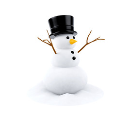 Snowman isolated on white background, 3D rendering