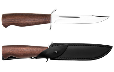 Hunting knife with wooden handle and leather case isolated on white