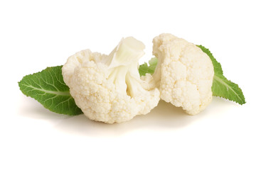 Piece of cauliflower with leaf isolated on white background macro
