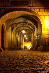 Night shots details of the castle courtyard, passageways and gates castle Cesky Krumlov, Czech Republic.
