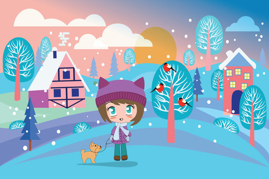 Beautiful winter landscape with pretty girl and cute dog.