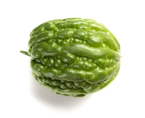 top view fresh green bitter melon on a white background