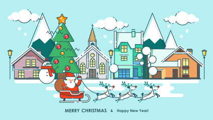 Merry Christmas greeting card.  Happy New year wishes. Poster in flat line modern style.