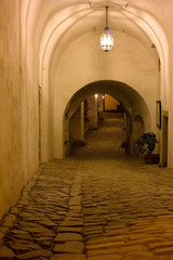 Night shots details of the castle courtyard, passageways and gates castle Cesky Krumlov, Czech Republic.