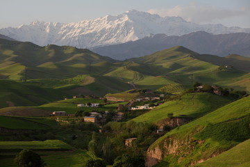 Landscape mountain village in the evening light.Uzbekistan.
