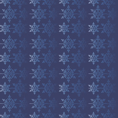 Vector seamless pattern. Christmas illustration of a graceful snowflake and endangered species united in pairs on a blue background.