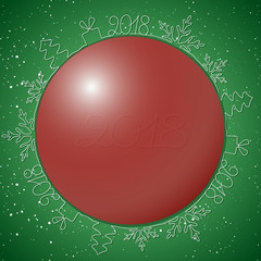 Vector Christmas illustration. Red Christmas ball in a circle of snowflakes, Christmas trees, gifts with the date 2018.